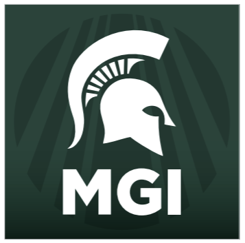 green and white square with white spartan helmet and the letters MGI underneath. 