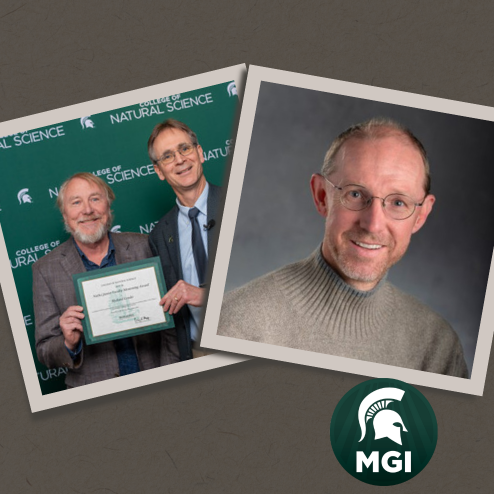 Two separate pictures show Rich Lenski getting an award from CNS Dean Eric Hegg and then a headshot of Sean Crosson. There is an MGI circle in the bottom right corner. 