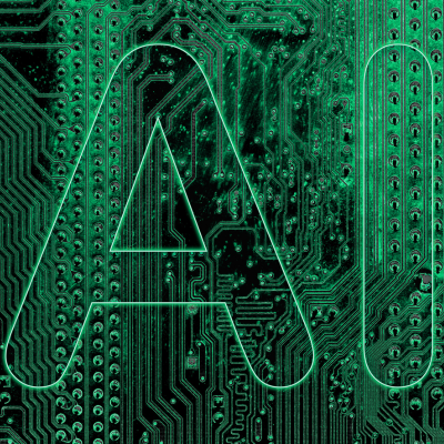 Green letters read AI in front of a green and black computer chip image. 