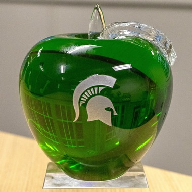 Crystal award in the shape of a green apple with a white spartan head on it. 