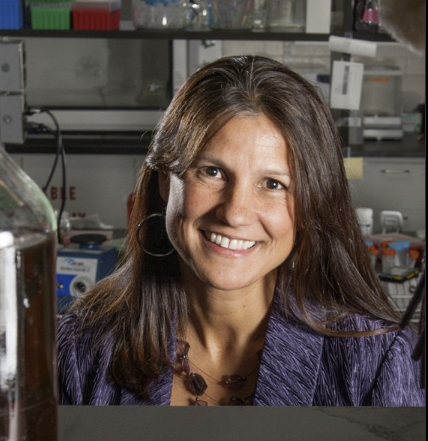 Shannon Manning smiles at the camera. She is in her lab and beakers and other glass lab equipment as well as boxes of pipette tips are visible on the shelves behind her. She has long hair and is wearing a purple blazer. 