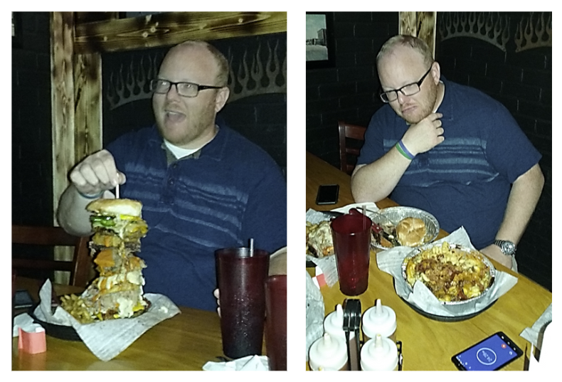 Two pictures show a guy before and after trying to eat an enormous sandwich and mac & cheese. He's much happier before.