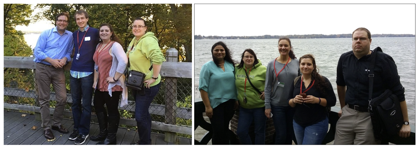 Two pics showing two different groups of people. One pic shows them standing next a split-rail fence, the other shows them in front of some water.
