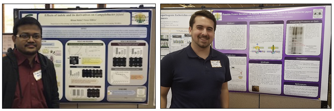 Two pictures - each show a person standing next to a scientific poster.