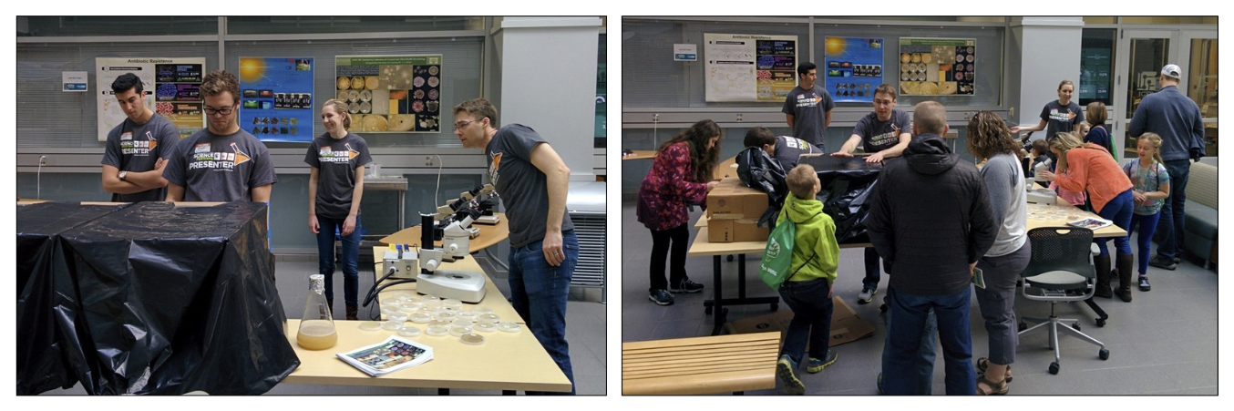 two pictures show people setting up scientific equipment and then interacting with children and adults.