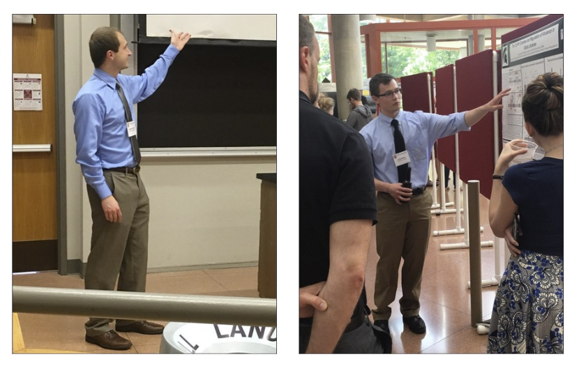 Two pictures of people presenting posters at a conference.