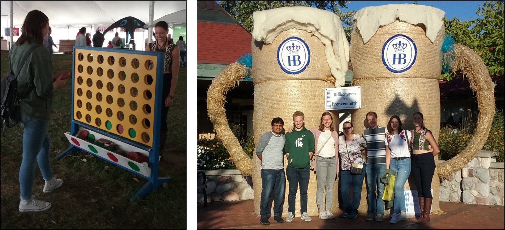 two pictuers showing people at oktoberfest.