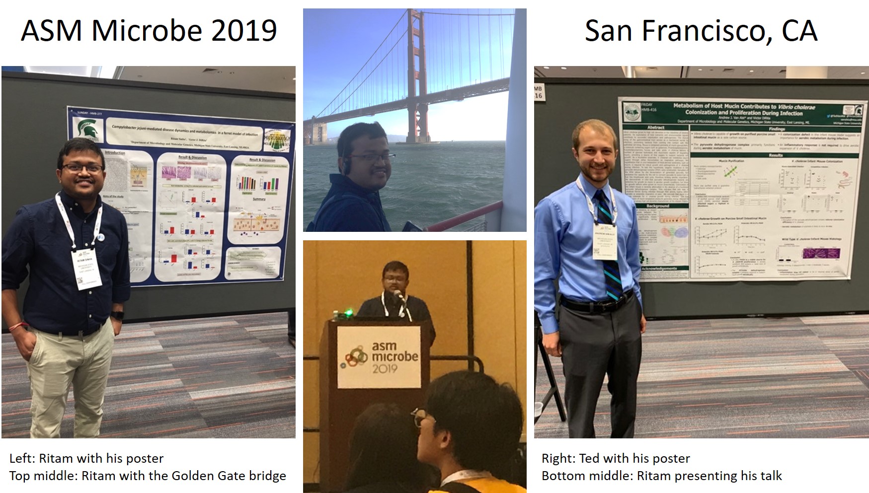 A collage of photos of Ritam and Ted with their posters at ASM microbe. Also a picture of Ritam with the golden gate bridge.