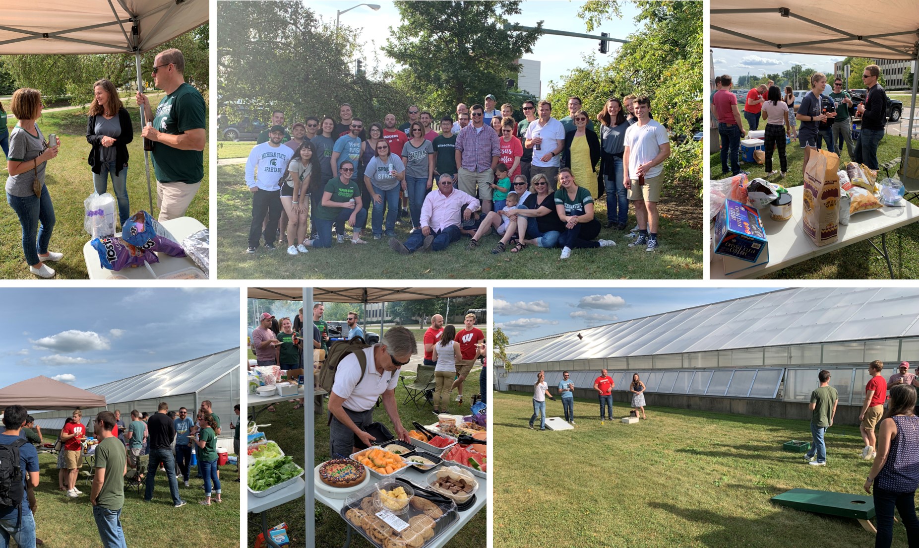 Collage of tailgate attendees enjoying food and camaraderie. (All 2019 tailgate photos courtesy of Alessandra Hunt.)