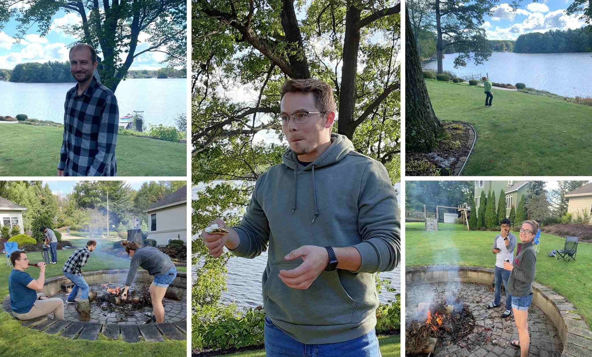 Enjoying drinks and snacks around the campfire.