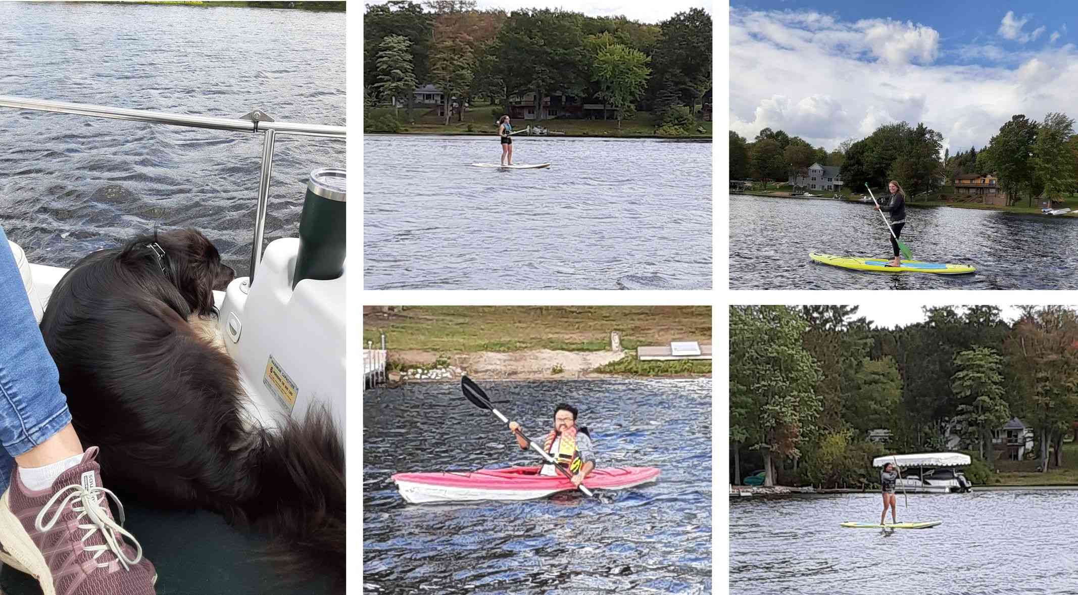 Having fun on the lake: pontoon boat ride, kayaking, and paddle boarding. It was a little windy, but everyone enjoyed themselves.