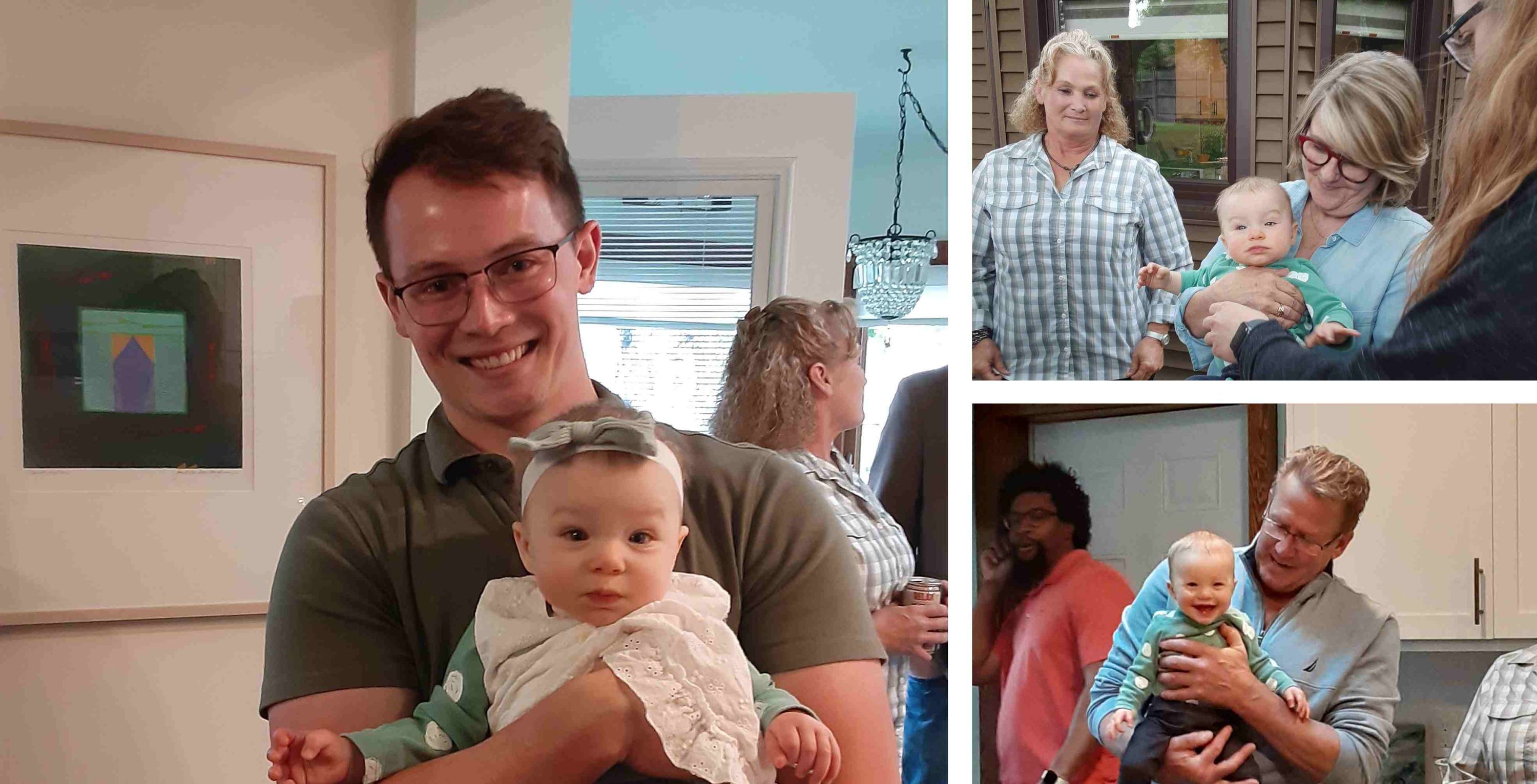 Three photos of people holding a baby.
