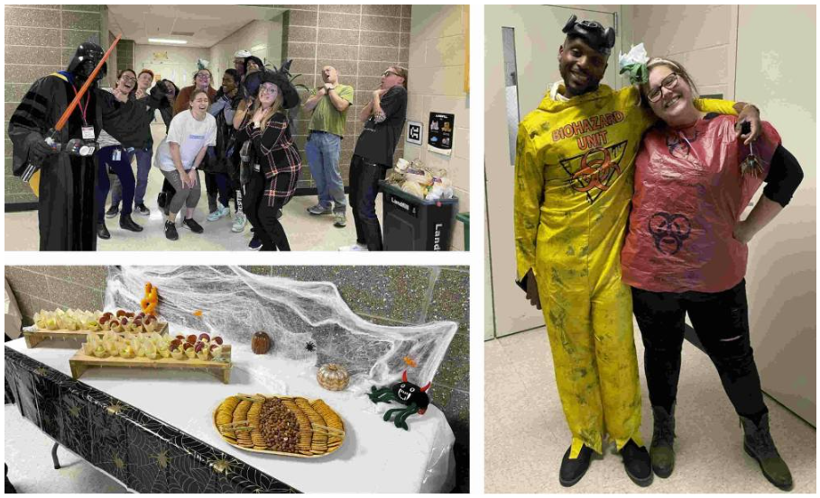 Three pictures show people dressed in halloween costumes and food for a party.