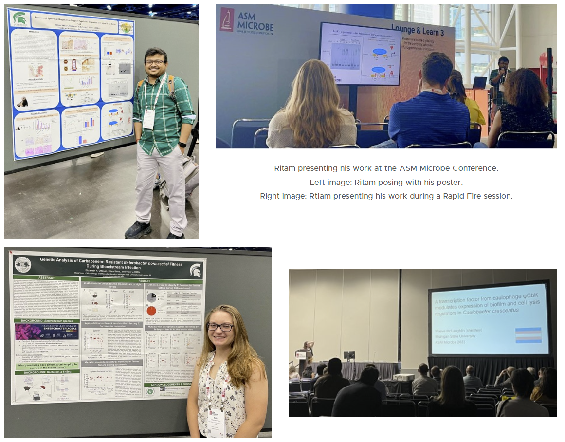 Four different pictures show Ritam standing next to his poster and presenting and Beth standing next to her poster and presenting.
