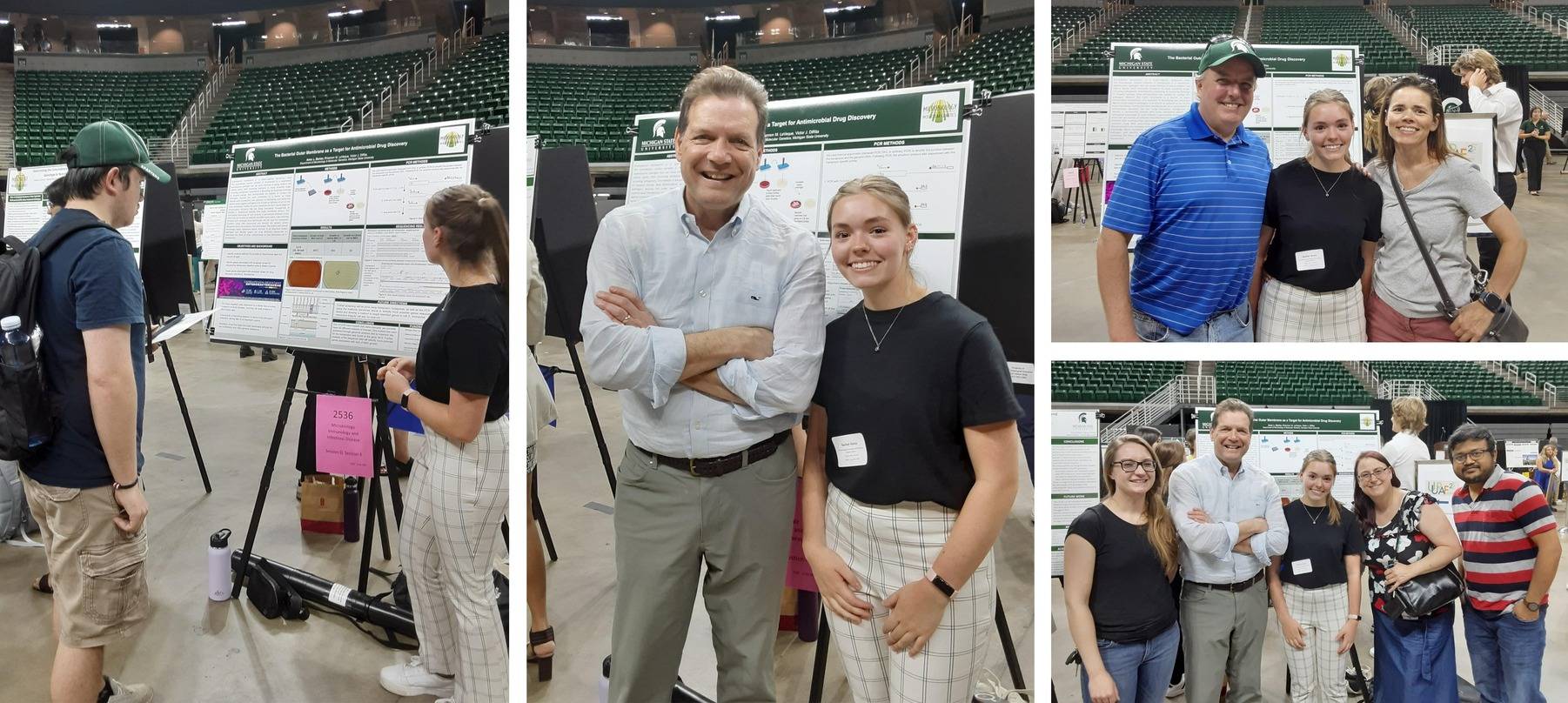 Four pictures of Anna at UURAF presenting at her poster, with Vic, and with her parents.
