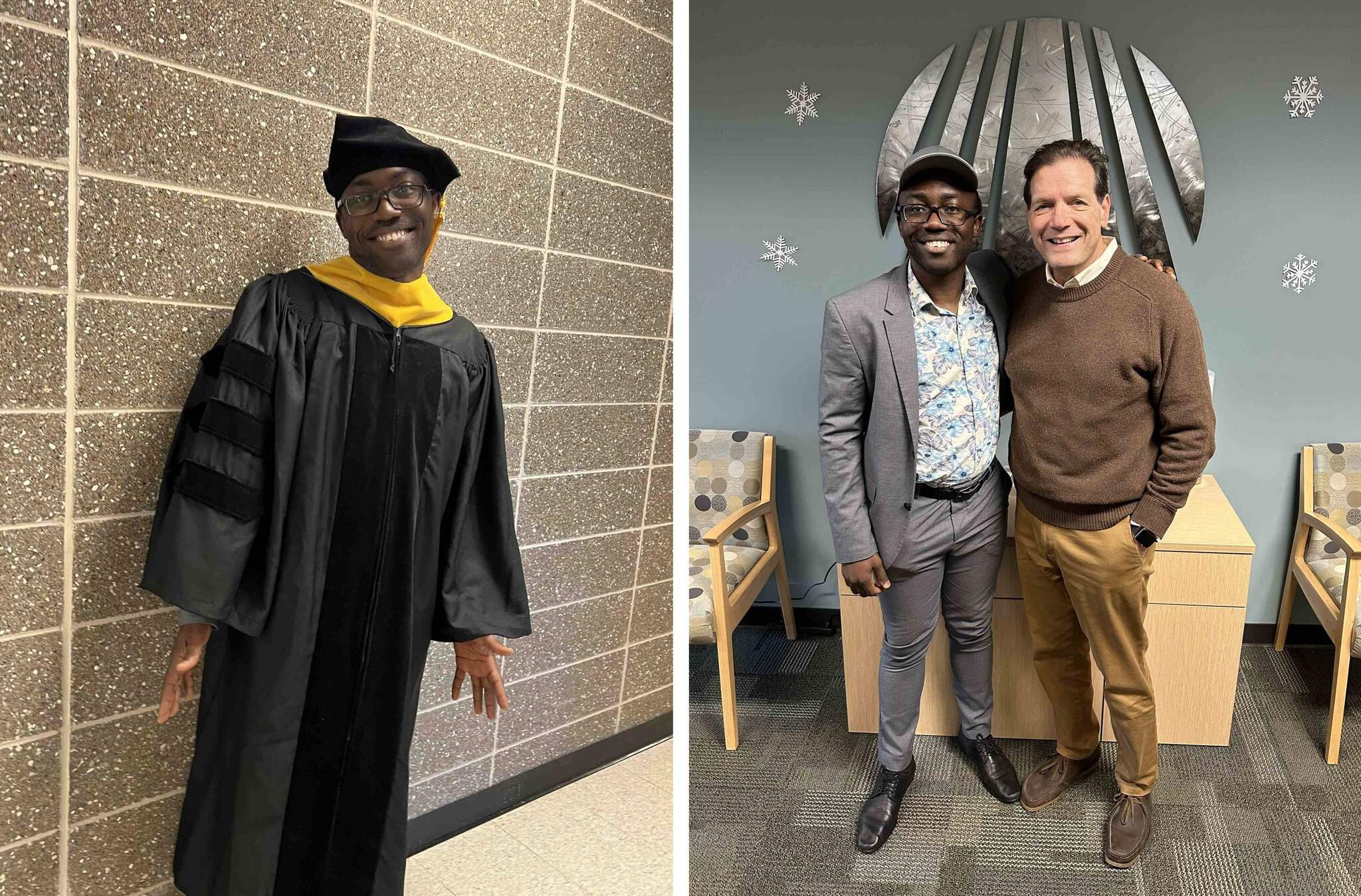 Two pictures - one of Ife in his graduation robes and one of Ife and Vic standing together.